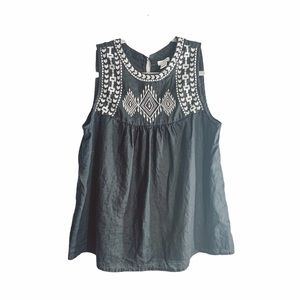 J Crew Black White Embroidered Linen Tank